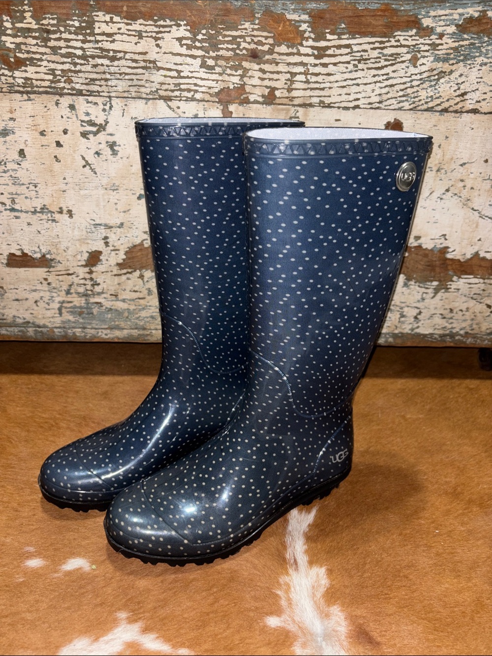 UGG Women's Navy Polka-Dot Glossy Rain Boots
